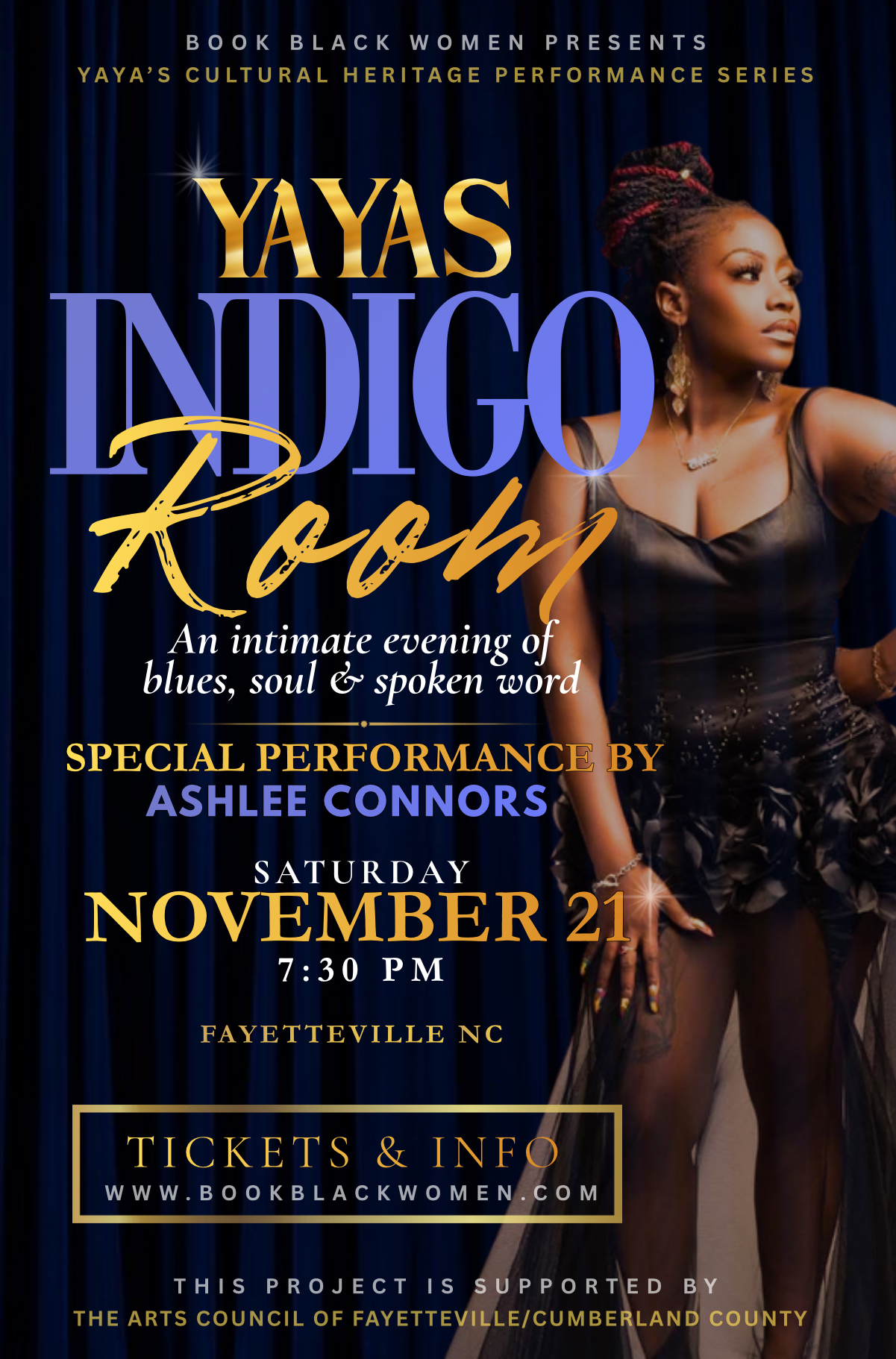 Yaya's Indigo Room flyer — November 21, 2026, Fayetteville, NC